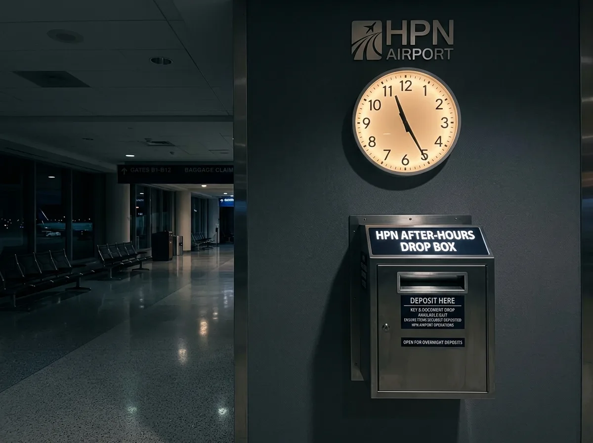 Illuminated clock showing late evening time on airport terminal wall, HPN after-hours drop box visible