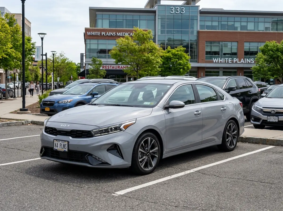 Kia K4 intermediate sedan in gray, parked outdoors at White Plains location, modern design