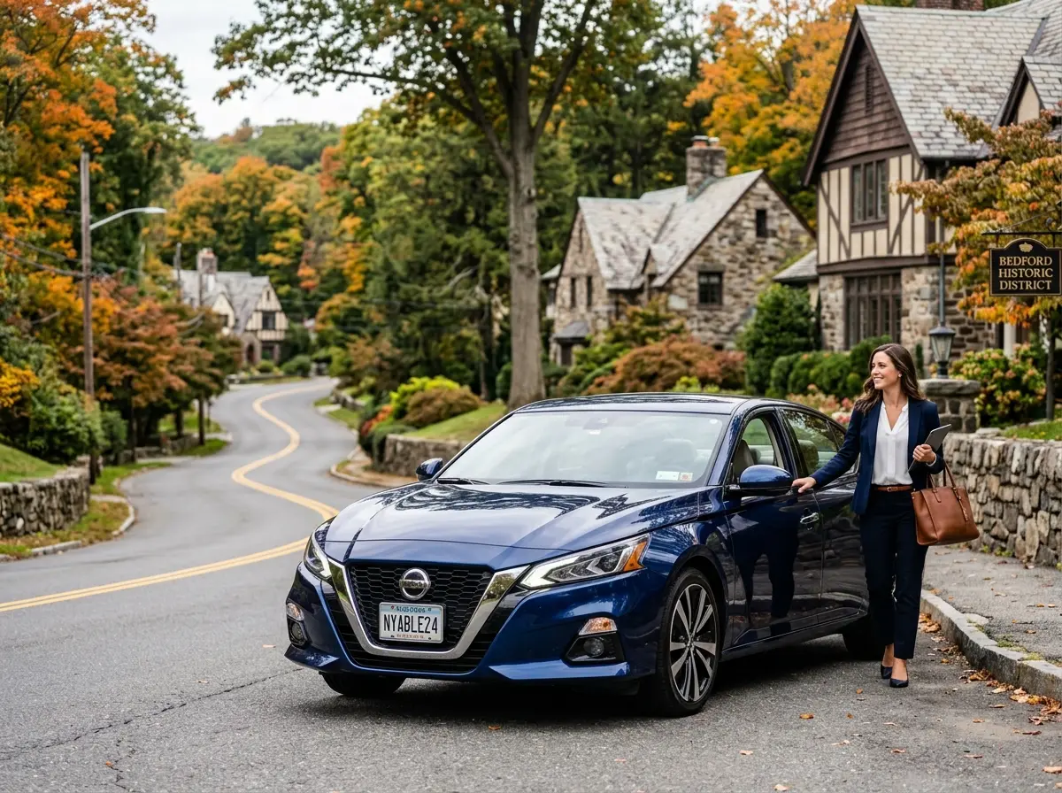 Nissan Altima full-size sedan in dark blue, Westchester County setting, professional lifestyle angle