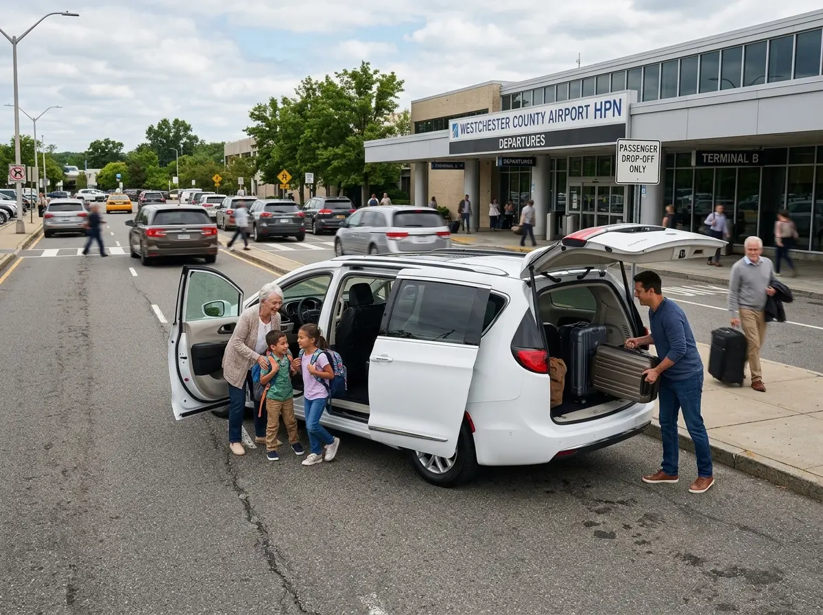 Chrysler Pacifica minivan in white, family vehicle at HPN airport drop-off zone, all doors visible