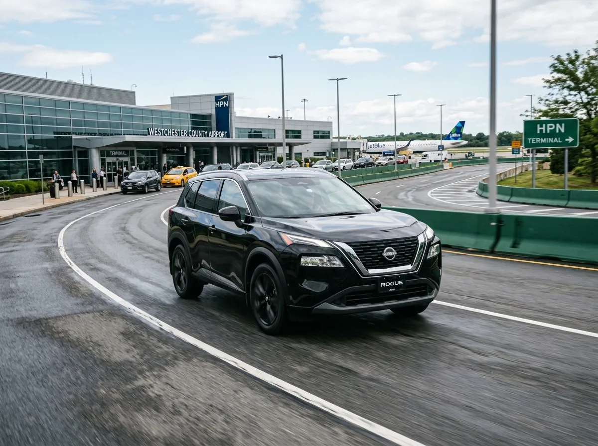 Nissan Rogue crossover SUV in black, HPN airport terminal in background, dynamic road angle
