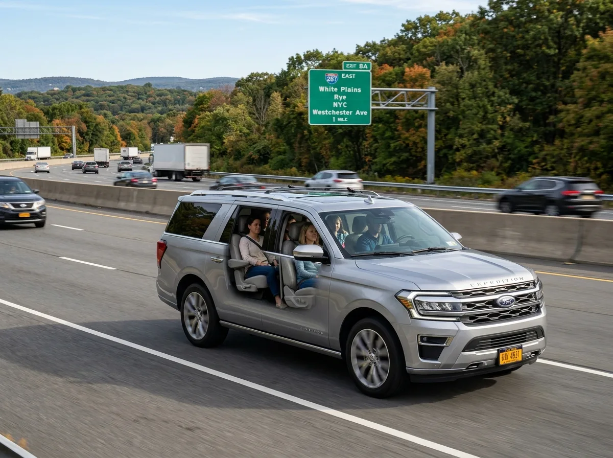 Ford Expedition full-size SUV in silver, spacious 7-seat configuration, highway background near Westchester
