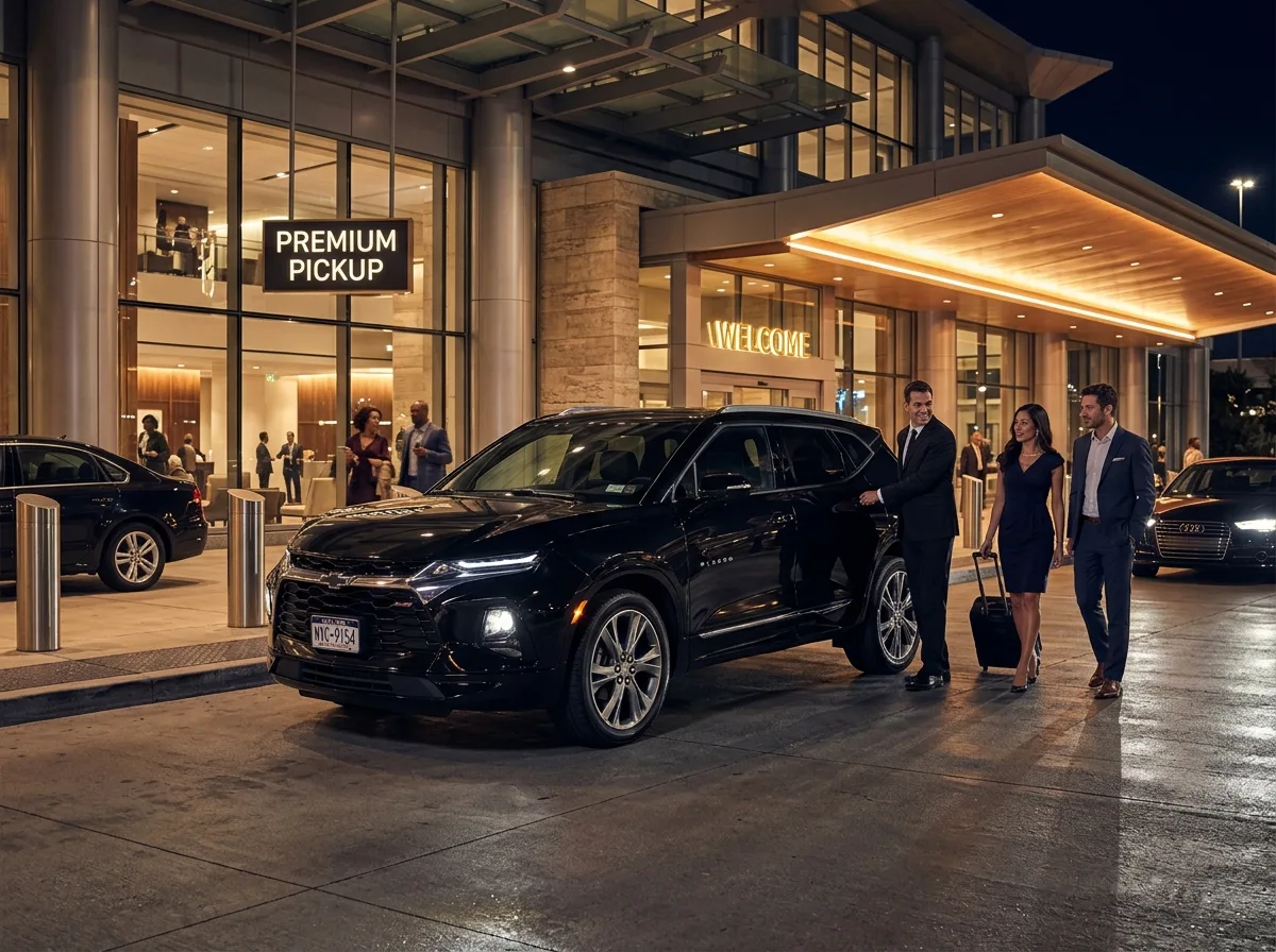 Chevrolet Blazer premium SUV in gloss black, luxury airport pickup setting, upscale mood lighting