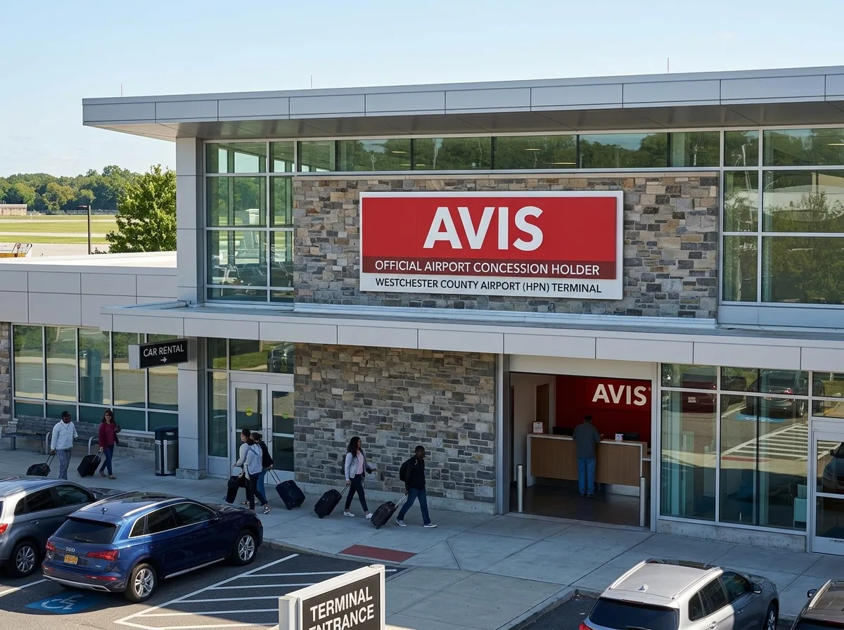 Avis car rental logo, official airport concession holder at Westchester County Airport HPN terminal