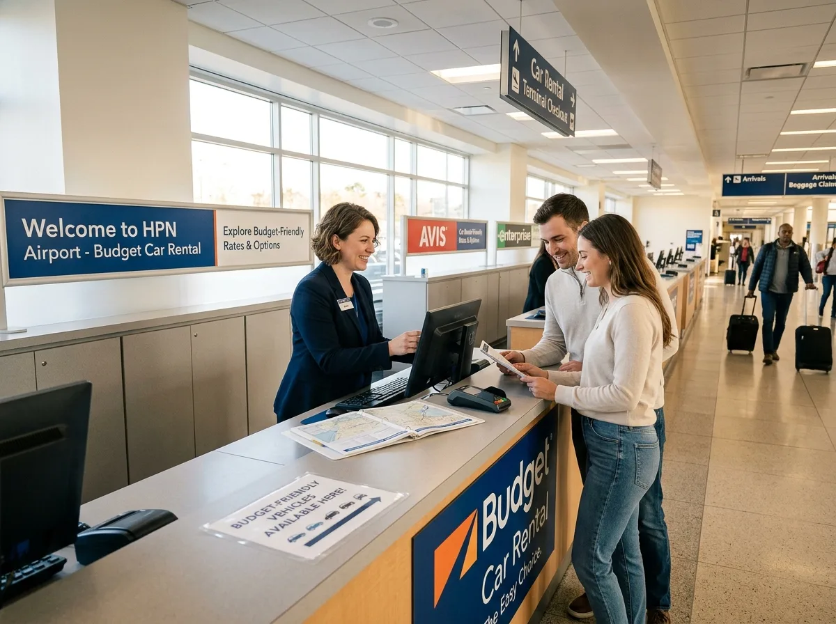 Budget car rental logo, budget-friendly option at HPN airport terminal checkout counter
