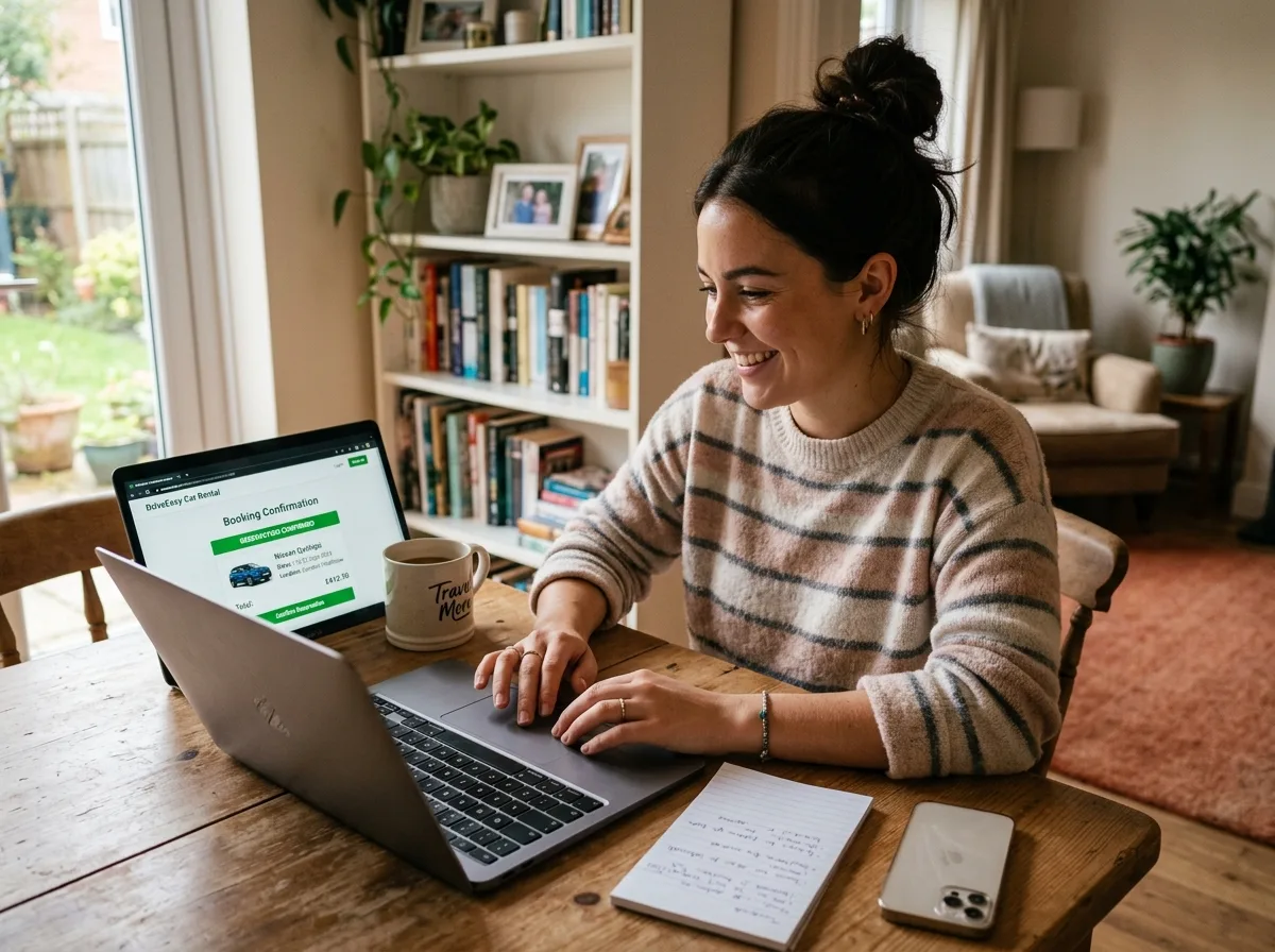 Person completing car rental booking form on laptop, comfortable home setting, confirming reservation