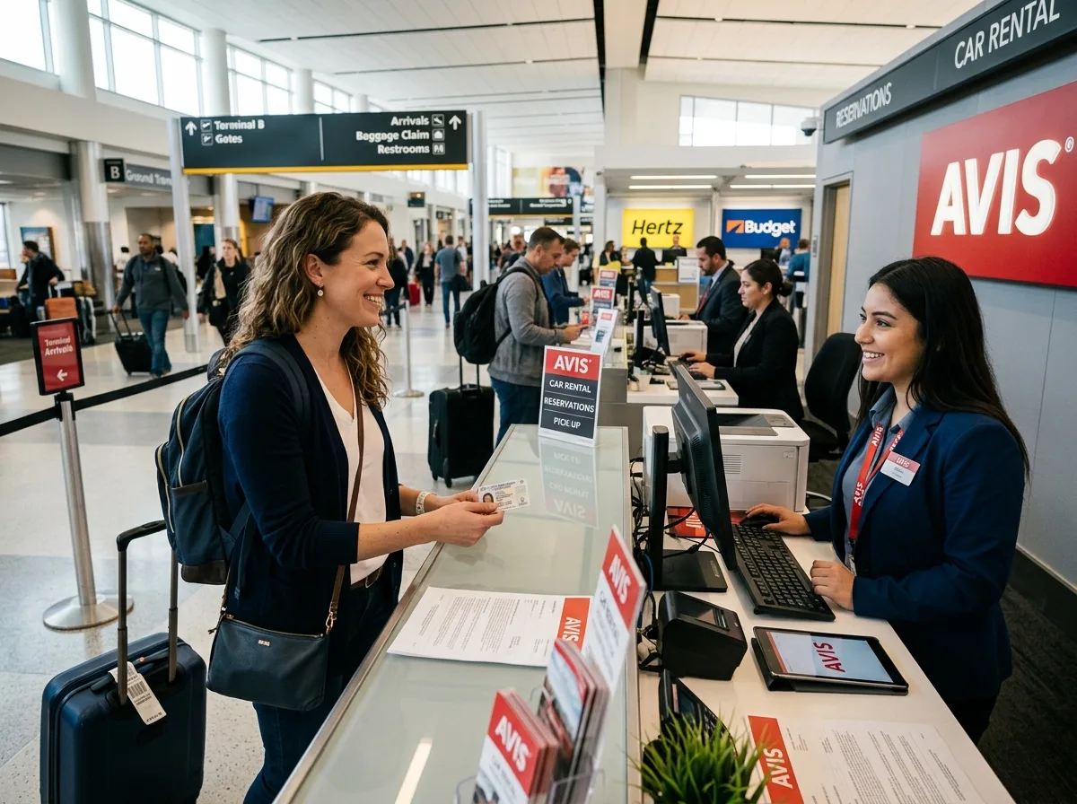 Traveler approaching car rental counter inside airport terminal, agent smiling, ID and confirmation in hand